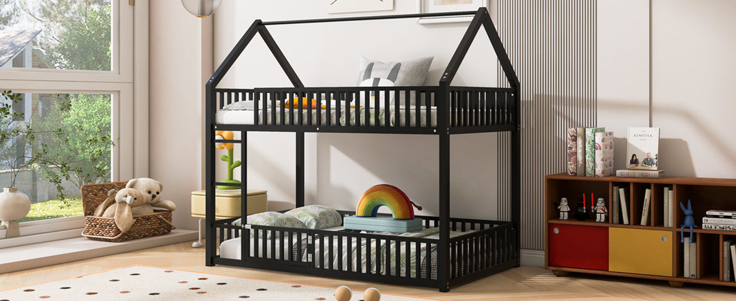 Metal Twin Over Twin House Bunk Bed With Fence And Door