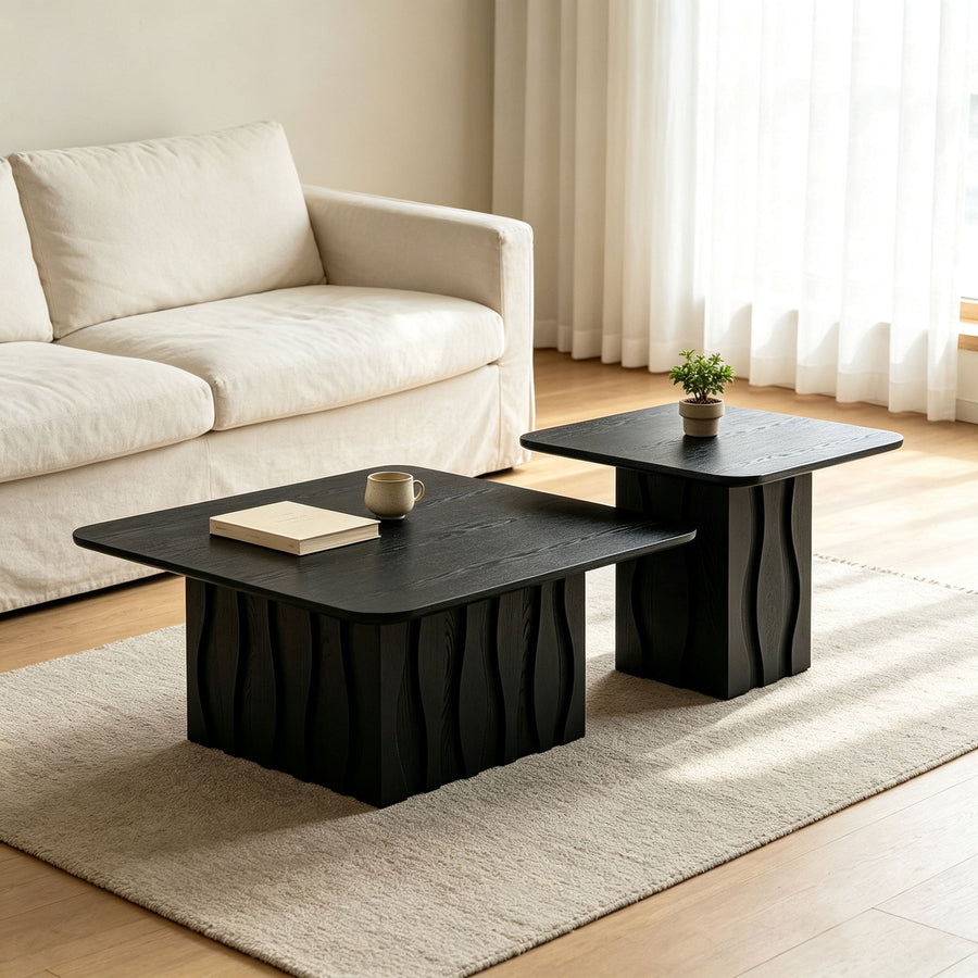 Nesting Square Coffee Table Set with Wavy Fluted Base - Wood Veneer