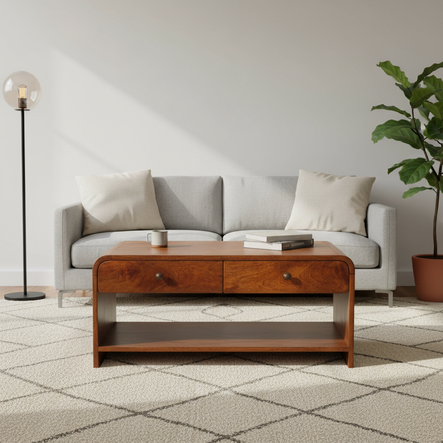 Solid Wood Aspen Slim Coffee Table with 4 Drawers - Chestnut Finish