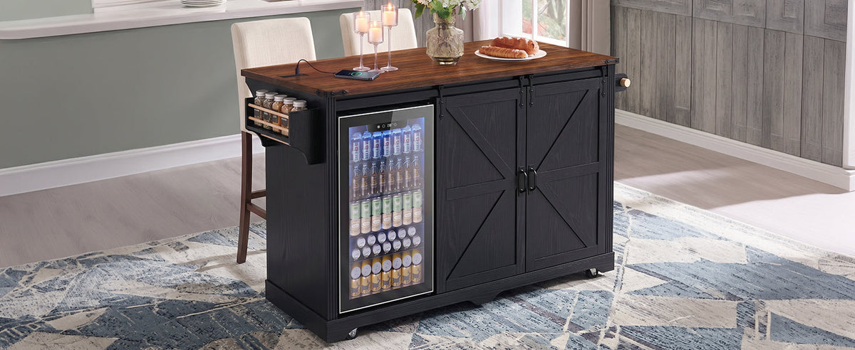 K&K 72" Farmhouse Kitchen Island with Fridge Storage Space & Power Outlet
