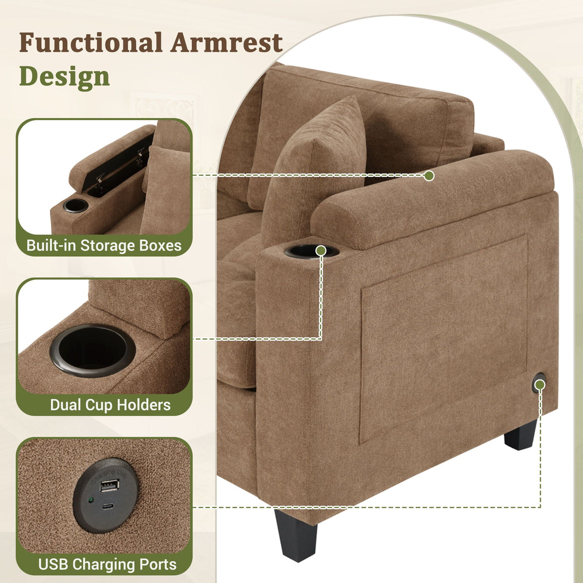 U Shaped Sectional Sofa, Corner Living Room Couch With Built In Cup Holders, Storage, USB Ports - view 25
