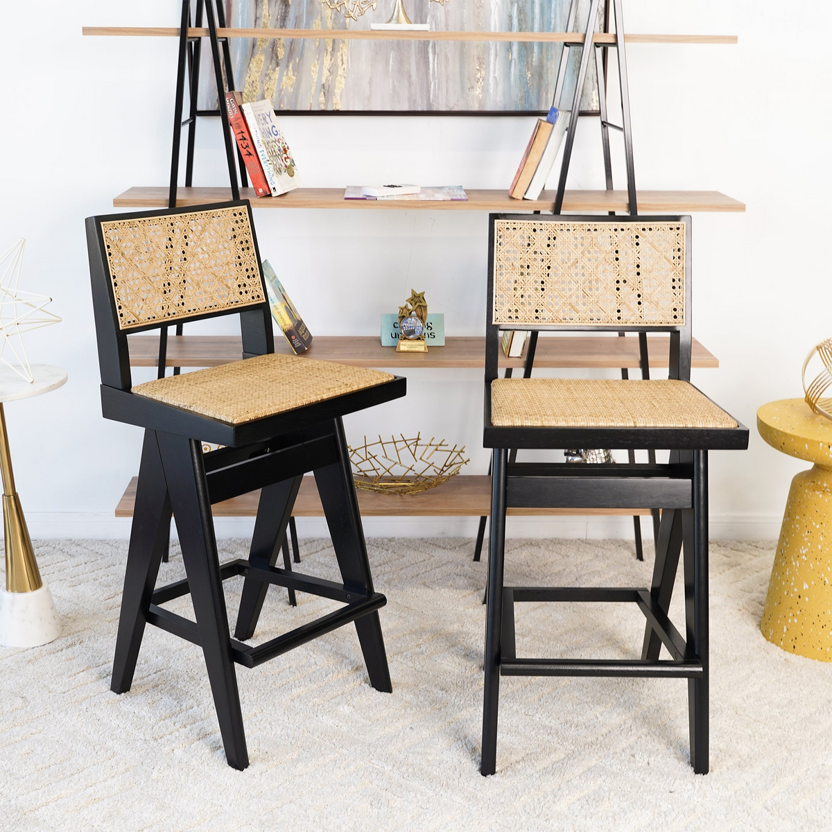 Keira Mid-Century Rattan Bar Stool Set of 2 with Leather Seat