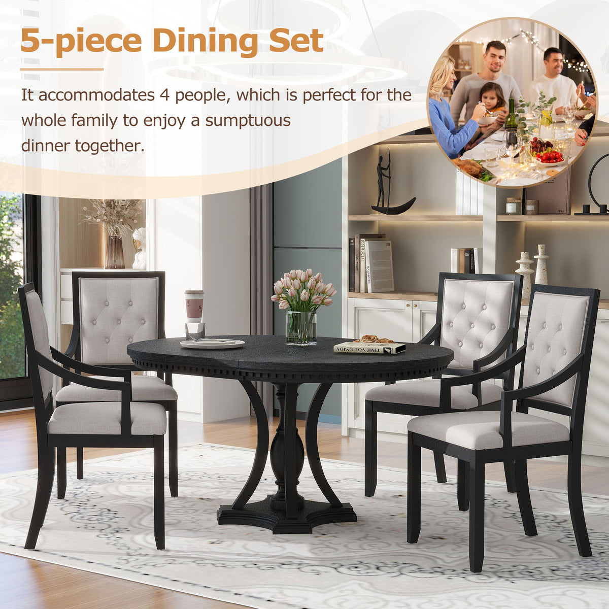 5 Piece Dining Set Extendable Round Table And 4 Chairs - Black / Oak - view 7