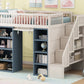 Full Size Loft Bed with 2 Four-layer Storage Cabinets and Curtain