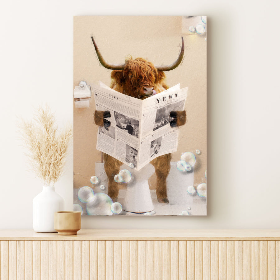 Highland Cow Reading Newspaper Canvas Wall Art