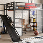 Full Size Metal Loft Bed with Built-in Desk, Open Wardrobe, Basketball Hoop, Slide and Staircase