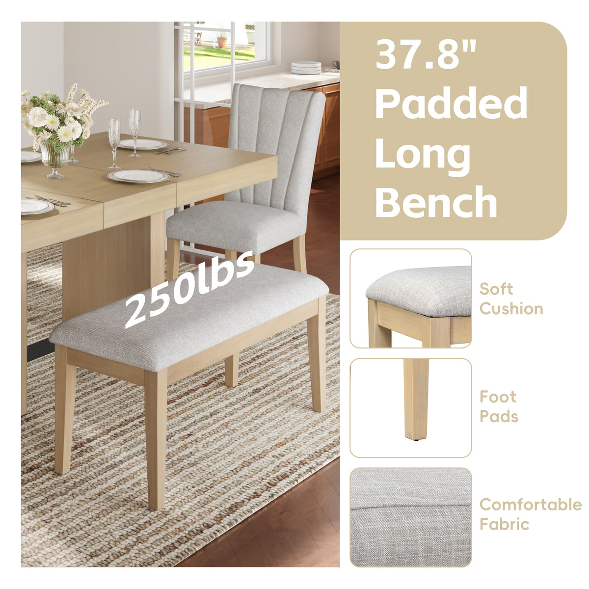 TOPMAX Farmhouse 76.0inch Extendable Wood Dining Table Set for 6
