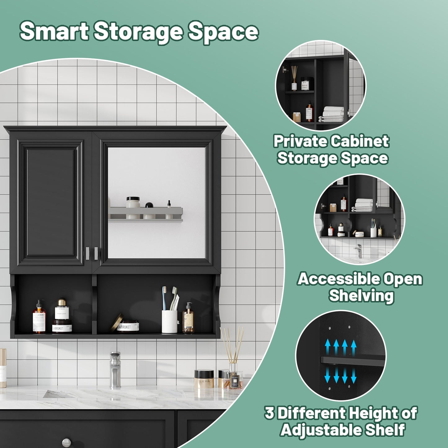 30 Inch Mirror Medicine Cabinet with Open Shelves
