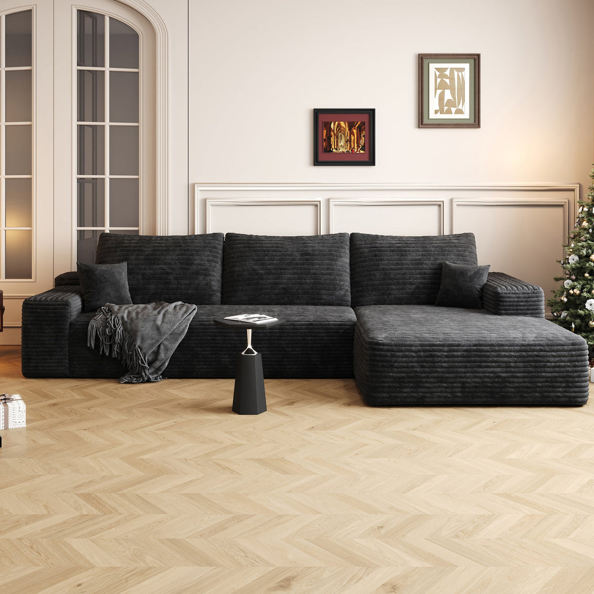Cloud Sectional Couch with L-Shape Chaise - Plush Corduroy - Black