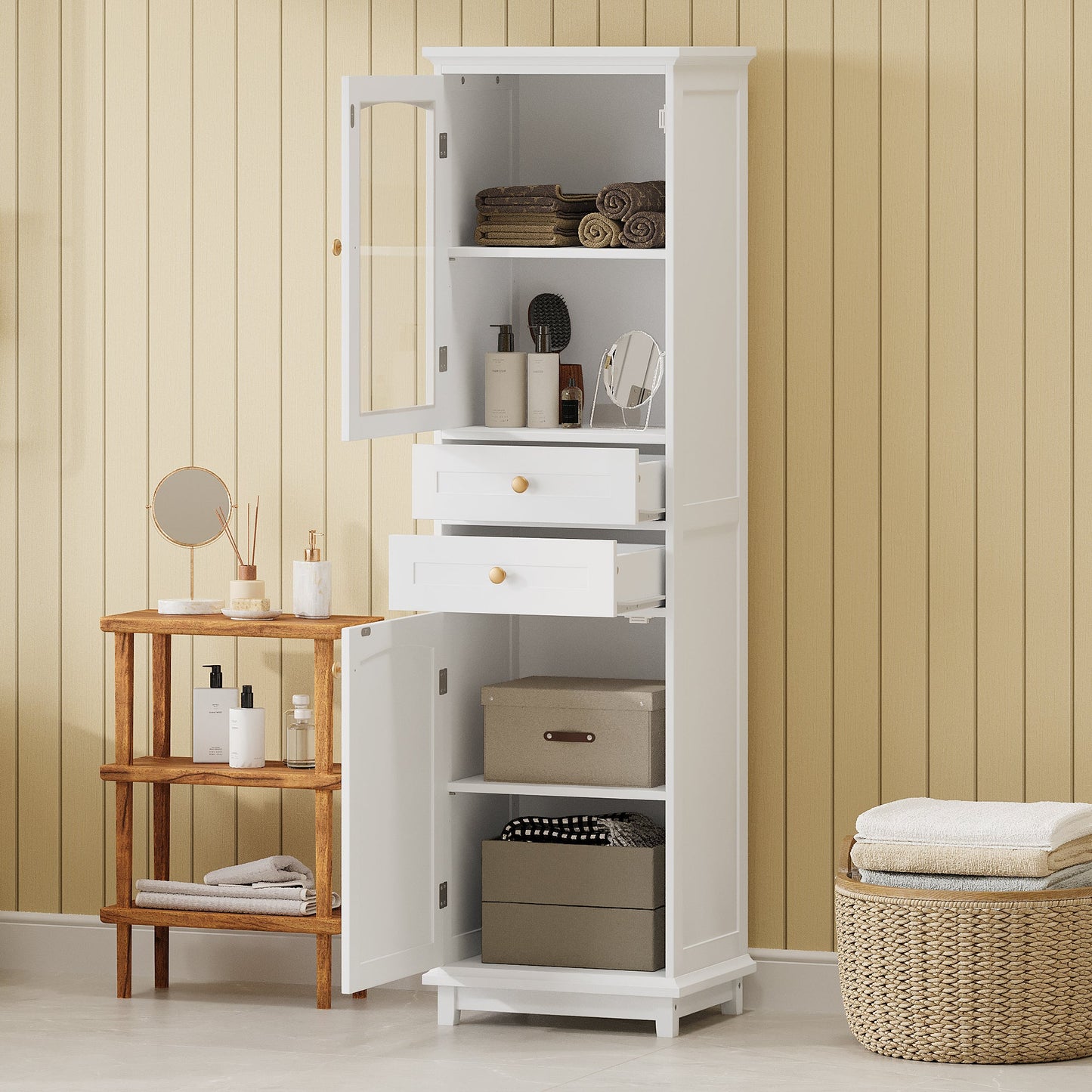 63" Tall Bathroom Storage Cabinet with Glass Doors
