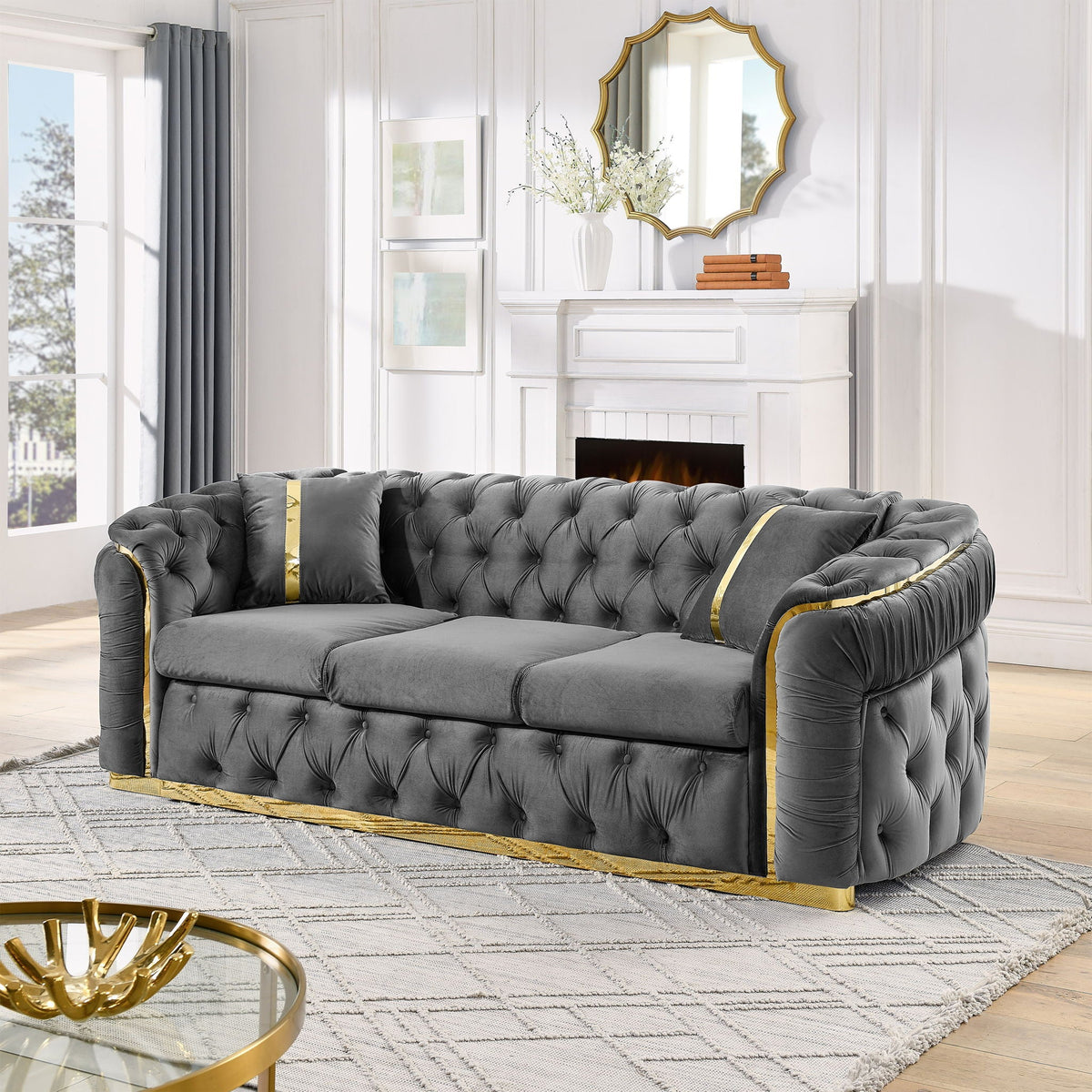 Button Tufted Couch With 2 Pillows, 3 Seater Luxury Chesterfield Sofa - view 18