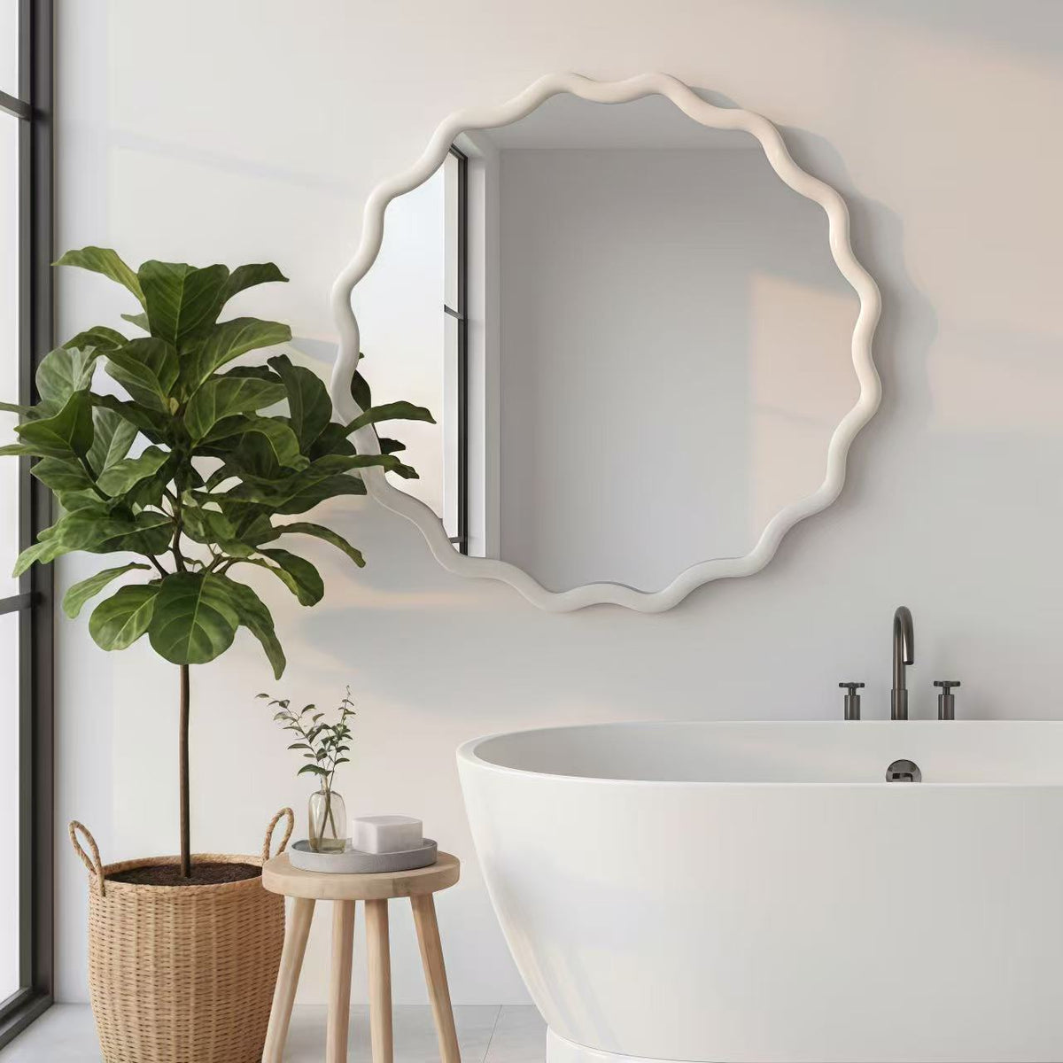 White 24 inch Wavy Round Solid Wood Frame Decorative Mirror