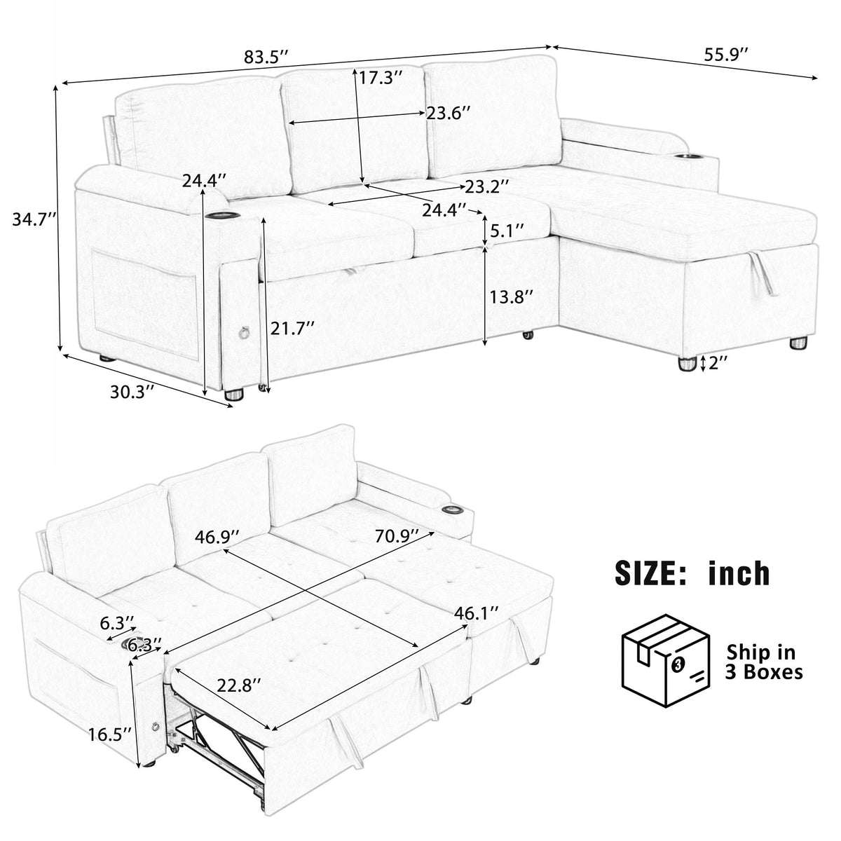 Convertible L Shaped Sofa Couch With Storage, Cup Holders, USB Ports - view 19