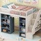 Full Size Loft Bed with 2 Four-layer Storage Cabinets and Curtain