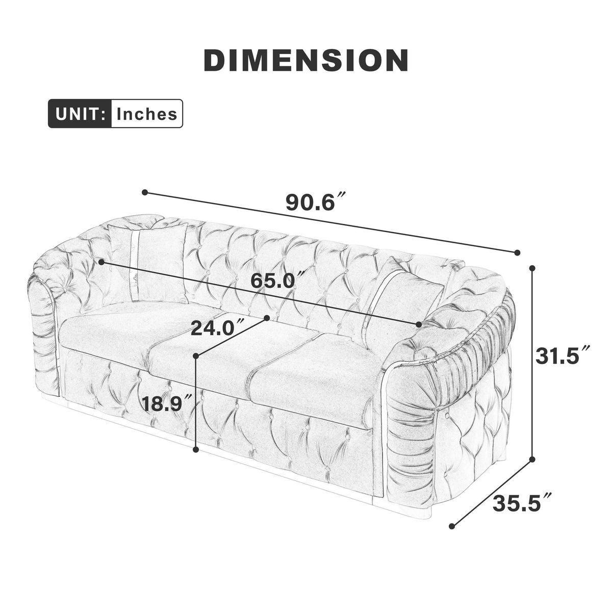 Button Tufted Couch With 2 Pillows, 3 Seater Luxury Chesterfield Sofa - view 19