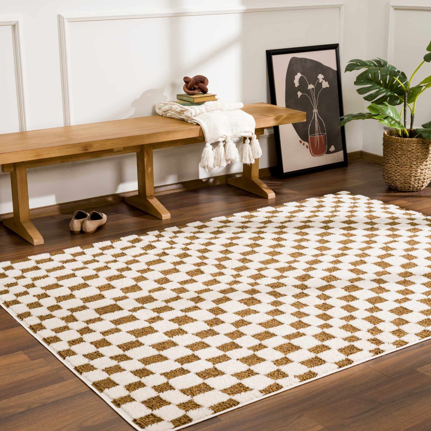 Lajos Brown Checkered Shag Rug - Clearance