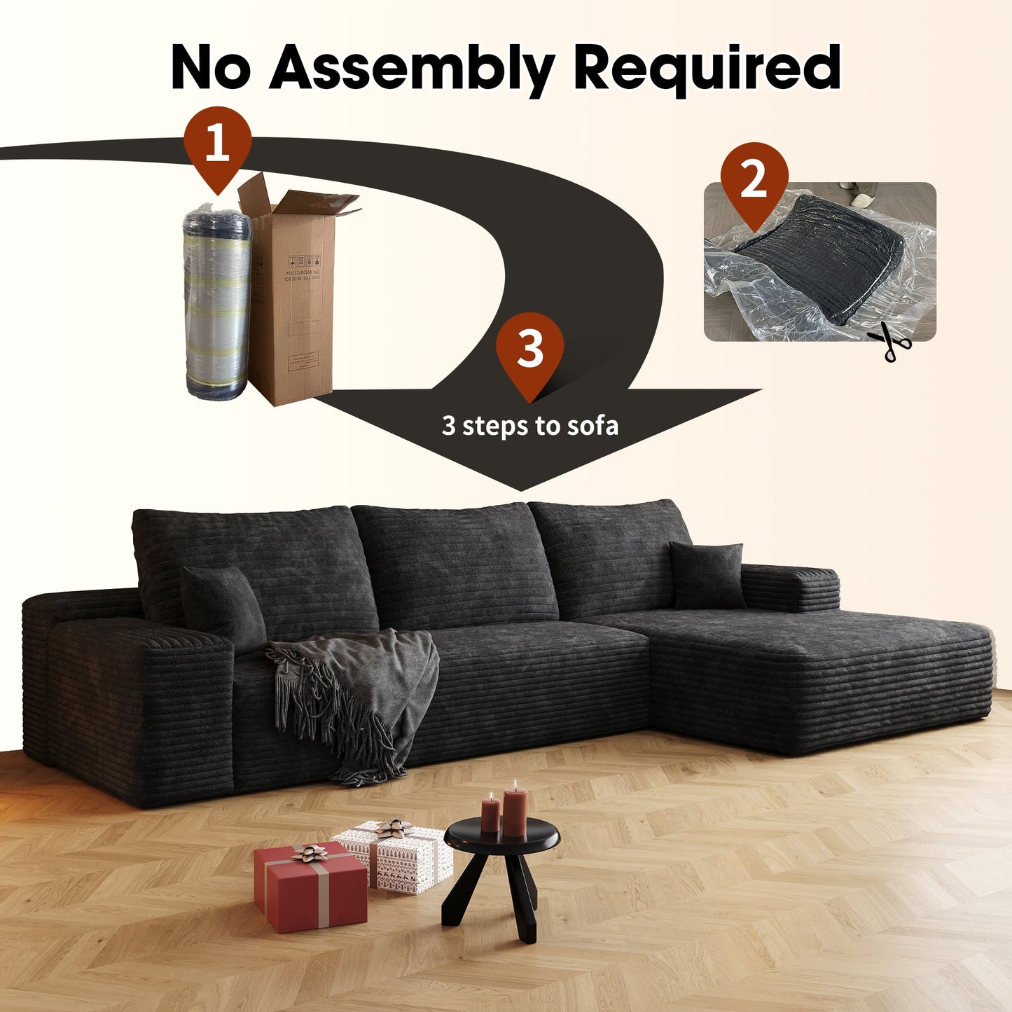 107" Cloud Sectional Couch with L-Shape Chaise, Black Plush Corduroy