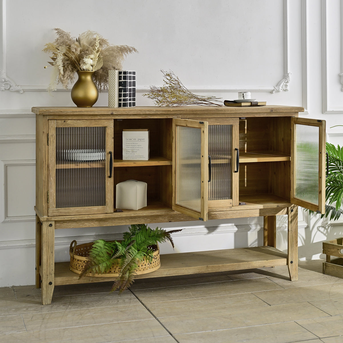 59.06" Rectangle Accent Glass Door Wooden Sideboard Cabinet