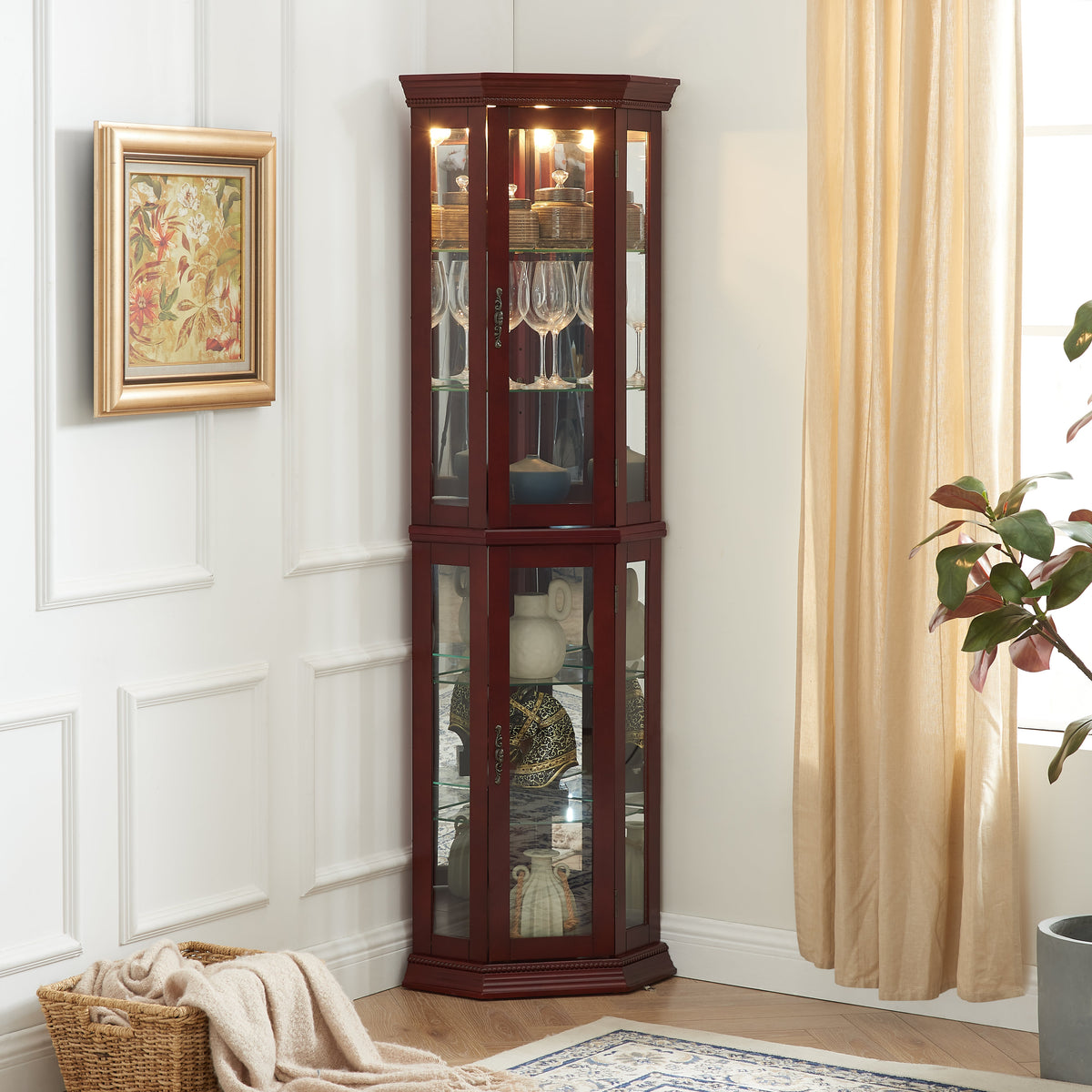 Corner Curio Cabinet with Lights and Adjustable Tempered Glass Shelves