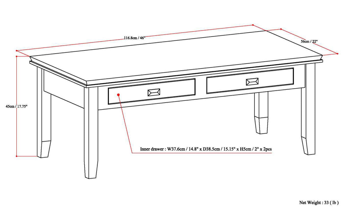 Artisan 46 Inch Wide Solid Wood Coffee Table in Russet