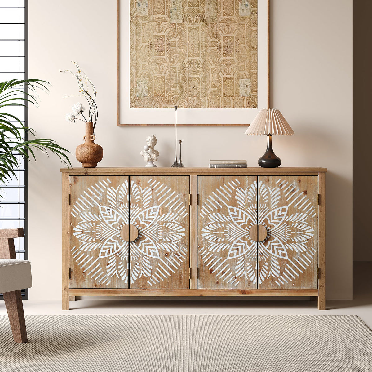 60" Wood Accent Cabinet with 4 Doors - Antique Brown and White