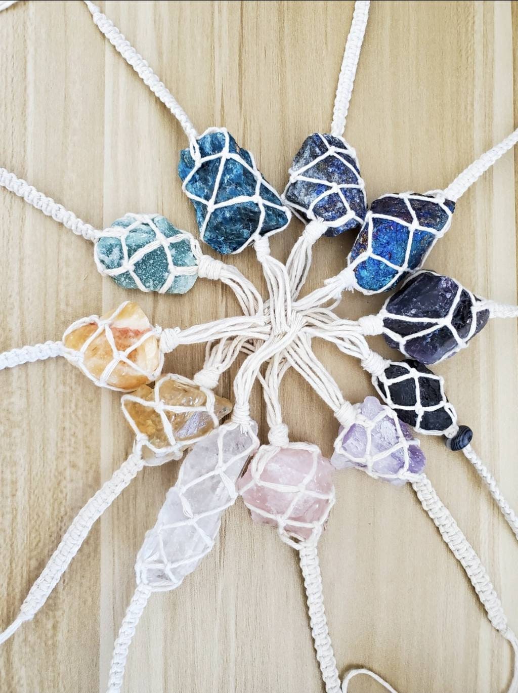 Macrame wrapped crystal rear view mirror charm.