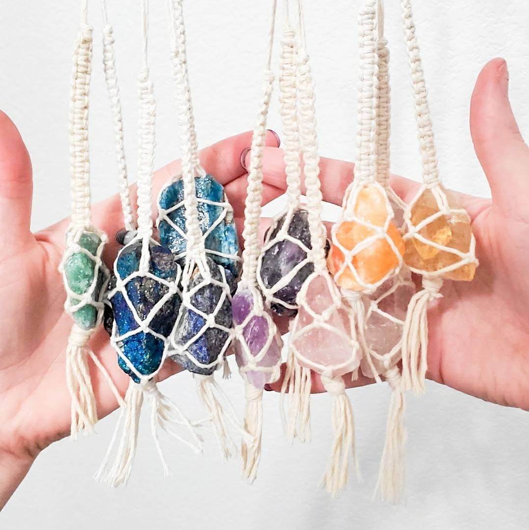 Macrame wrapped crystal rear view mirror charm.