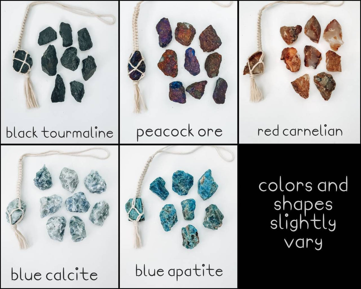 Macrame wrapped crystal rear view mirror charm.