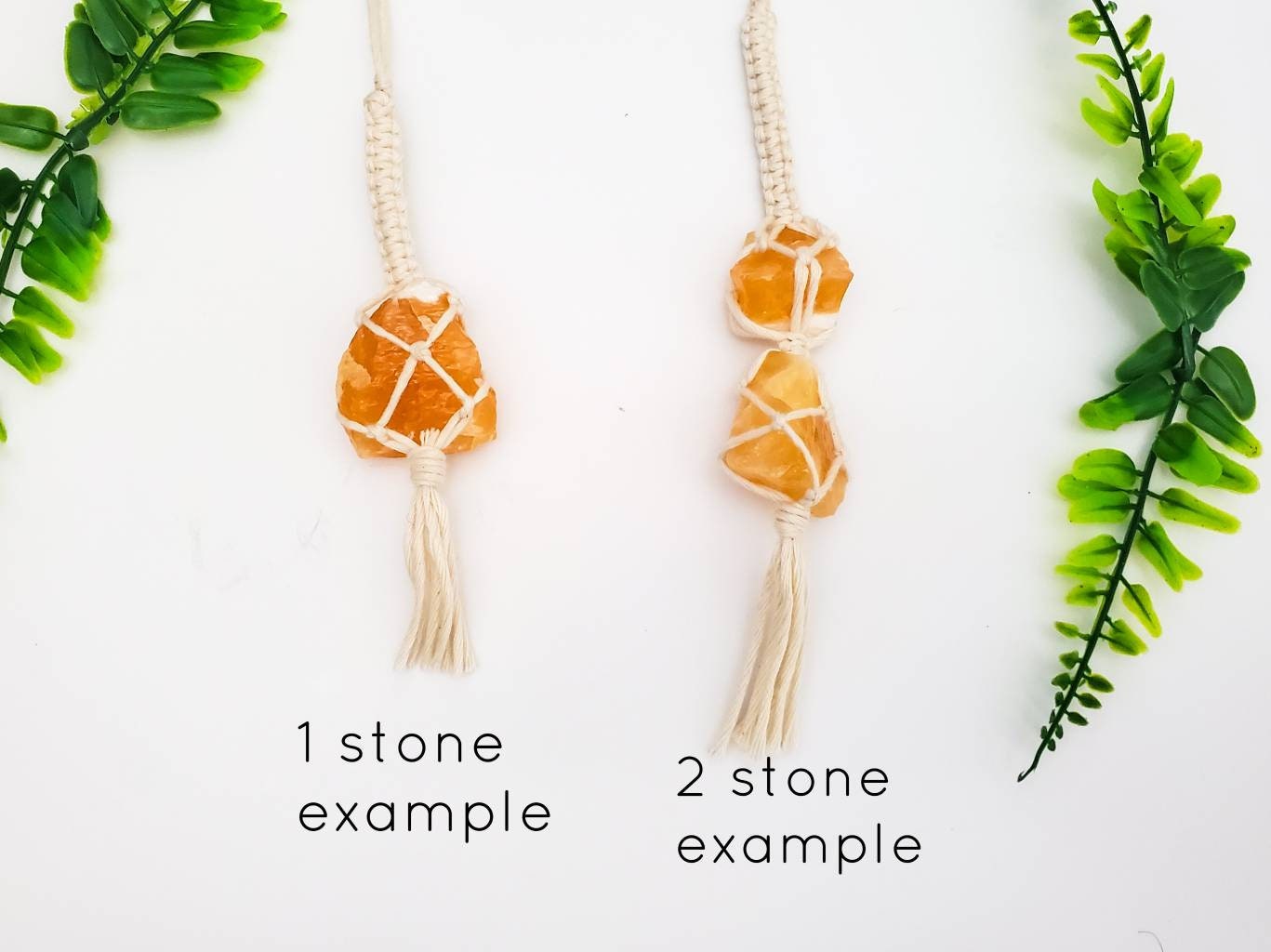 Macrame wrapped crystal rear view mirror charm.