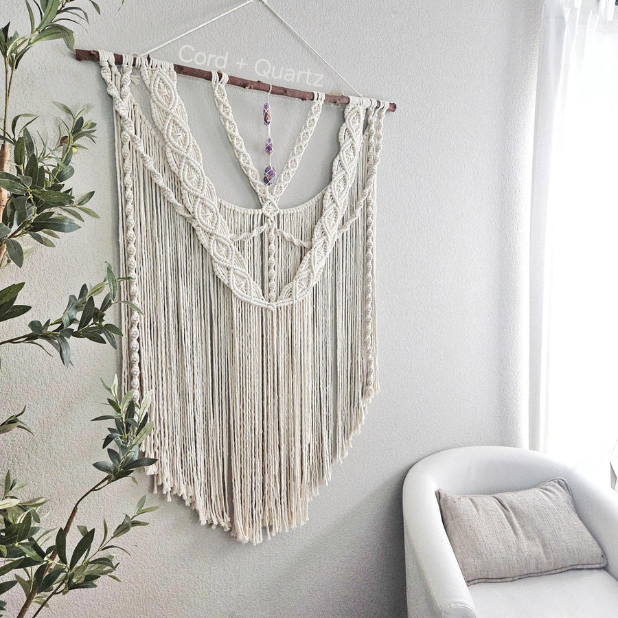 Extra large macrame wall hanging with 3 large amethyst crystals. Ready to ship.