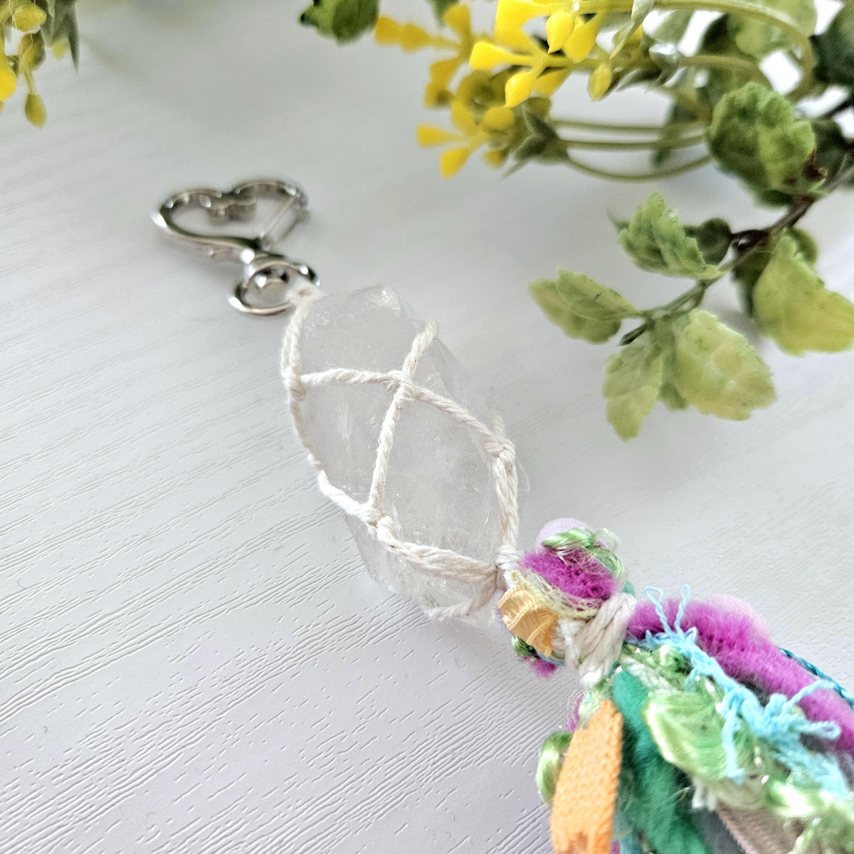 Macrame wrapped crystal keychain. Ready to ship.