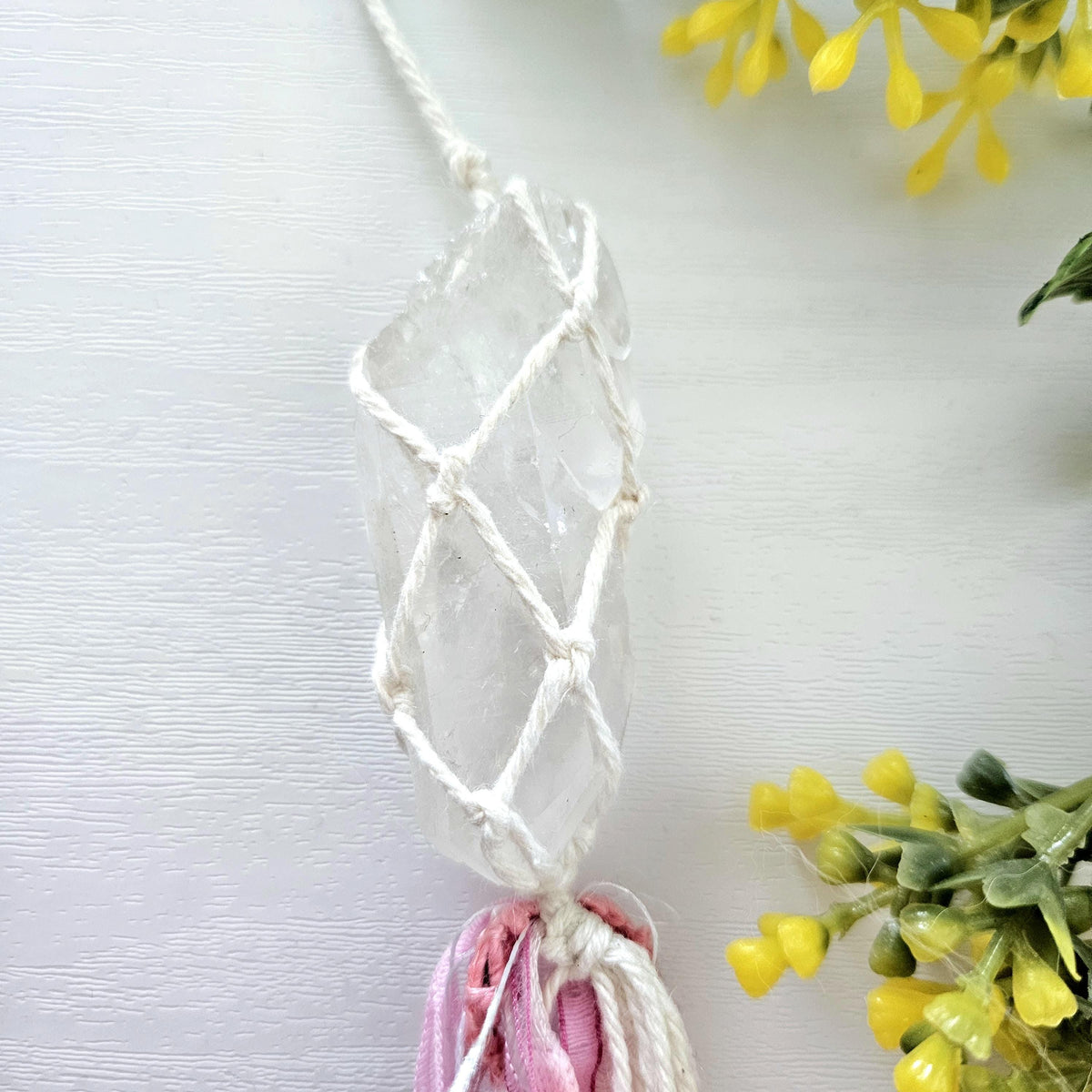Macrame wrapped crystal charms. Ready to ship