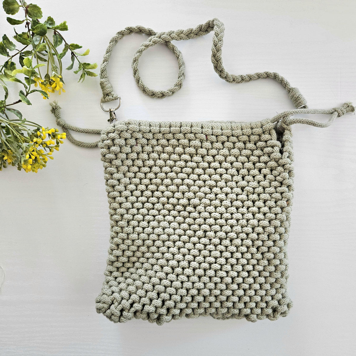 Drawstring adjustable macrame bag. Ready to ship