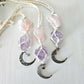 Macrame wrapped crystal rear view mirror charm. Amethyst and rose quartz. With moon charm.
