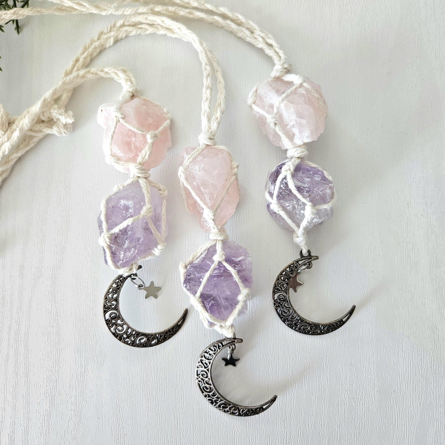 Macrame wrapped crystal rear view mirror charm. Amethyst and rose quartz. With moon charm.