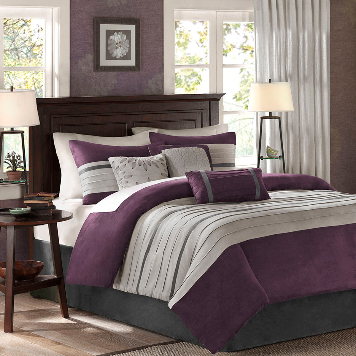 7 Piece Faux Suede King Comforter Set with Hypoallergenic Filling - Purple
