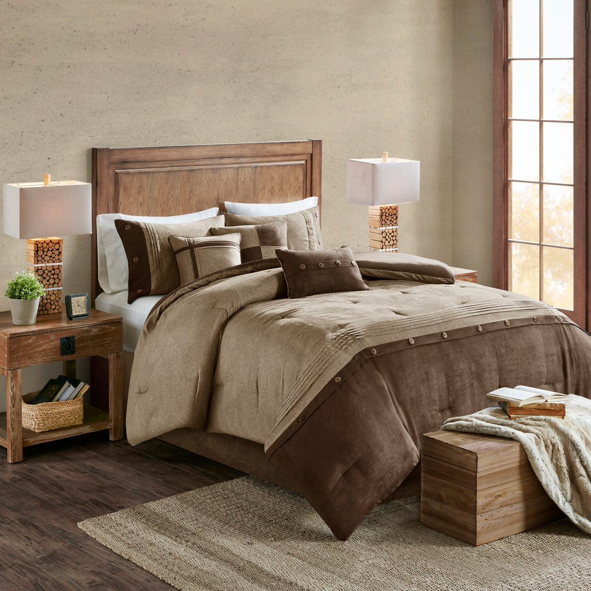 Brown Faux Suede Comforter Set with Hypoallergenic Filling – Queen, 7 Piece