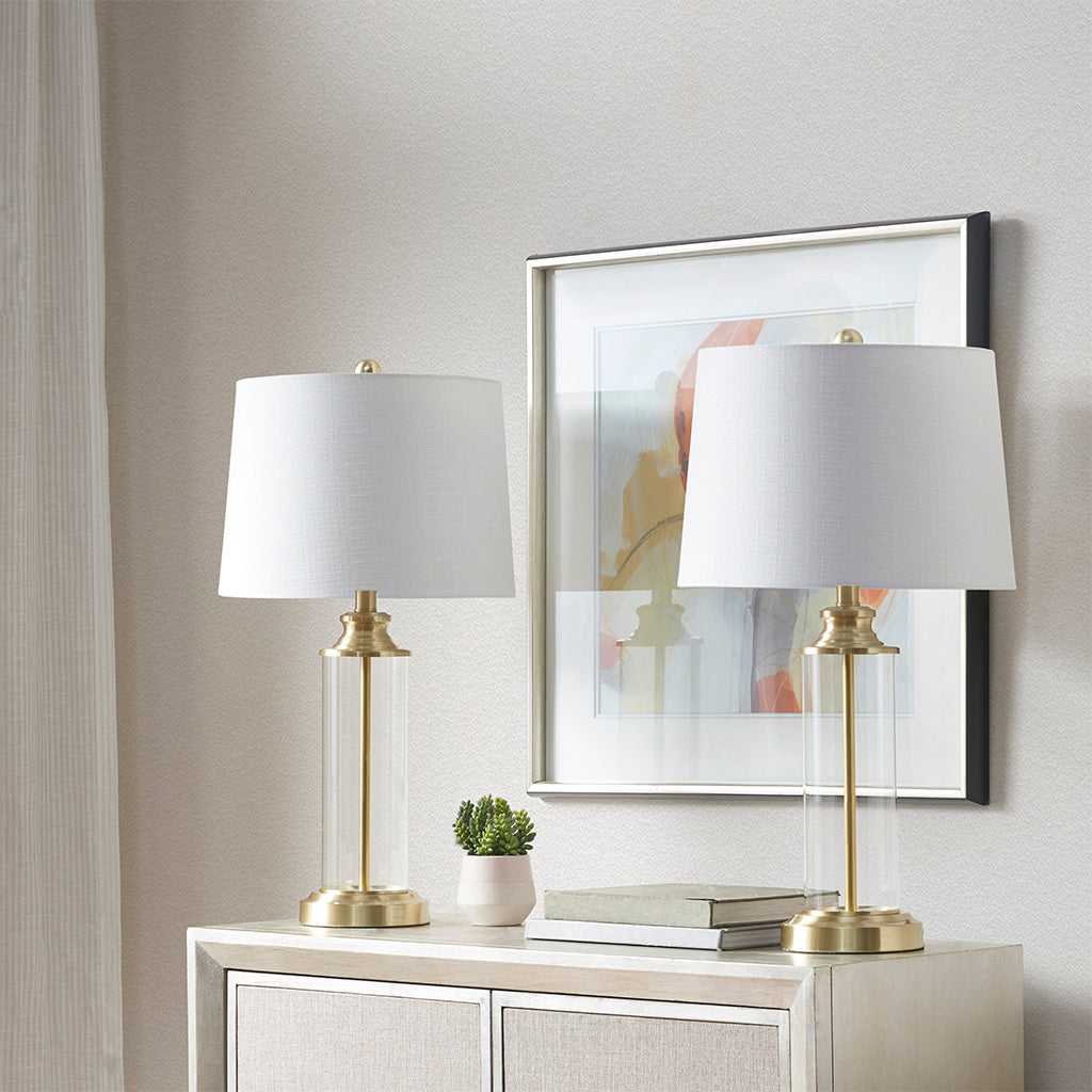 Clarity Glass Cylinder Table Lamp Set of 2 with Gold Accents - Glass/Gold