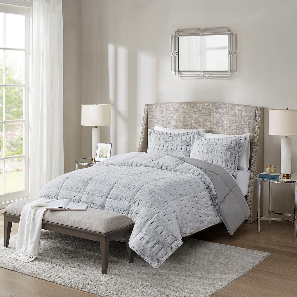 Full/Queen Back Print Long Fur Comforter Mini Set with Reversible Faux Fur - Grey