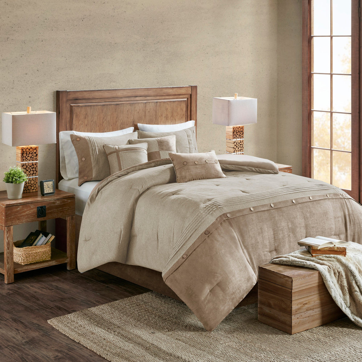 Tan Faux Suede Comforter Set with Lodge Style - California King