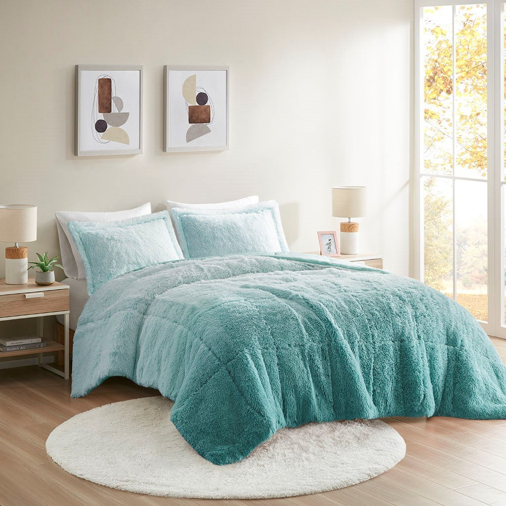Twin/Twin XL Ombre Shaggy Long Fur Comforter Mini Set with Faux Mink Reverse