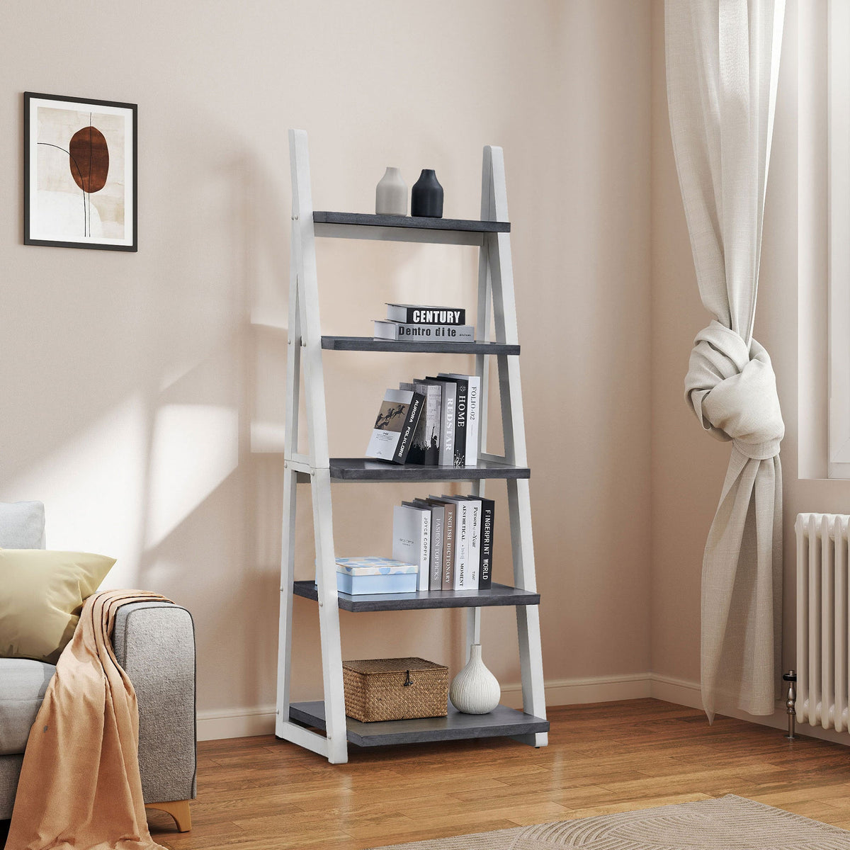 5-Tier Ladder Shelf with Rubber Wood Frame - Grey & White