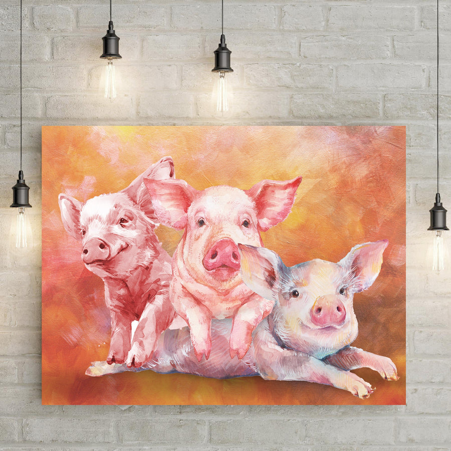 Three Baby Pigs Watercolor Canvas Wall Art