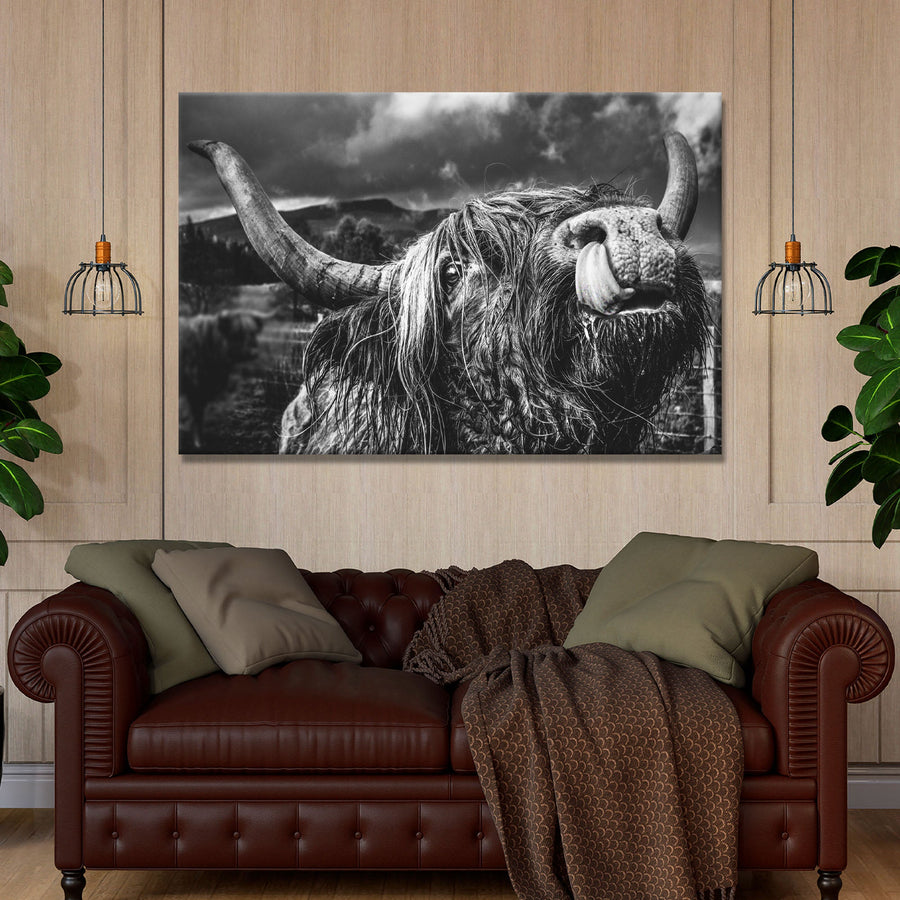 West Highland Cow Monochrome Canvas Wall Art