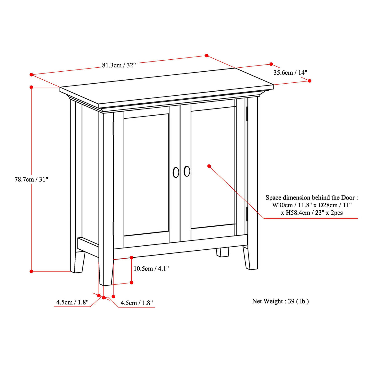 Redmond 32 Inch Wide Solid Wood Low Storage Cabinet in Hickory
