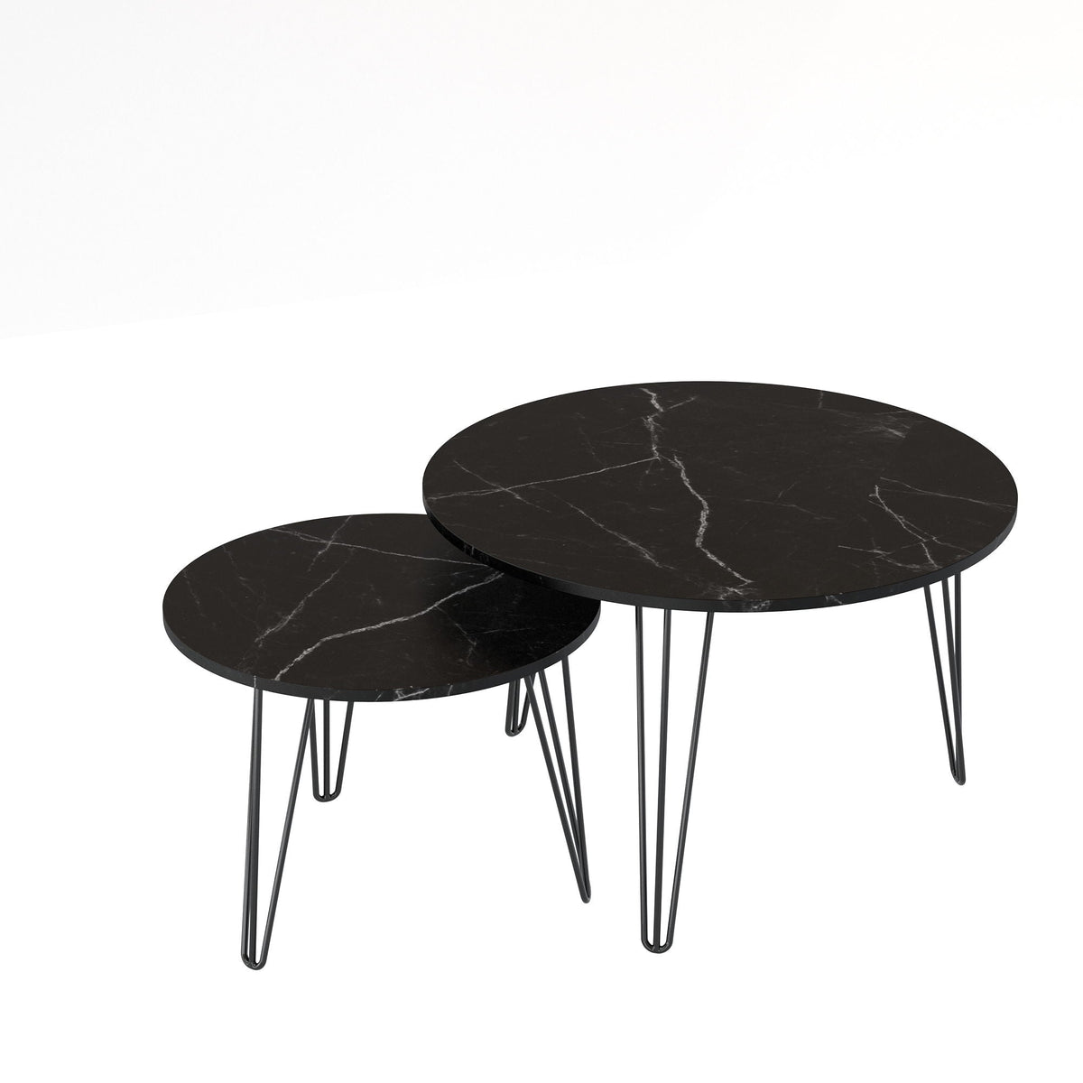 Rustic Round Nesting Coffee Table Set of 2 with Metal Frame - White, Black, Light Brown