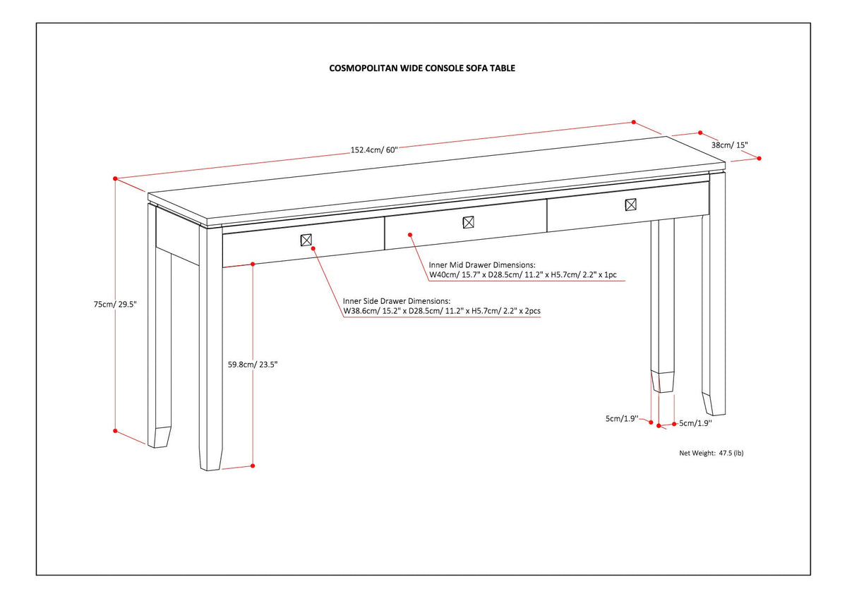 Cosmopolitan 60 Inch Wide Solid Wood Console Sofa Table