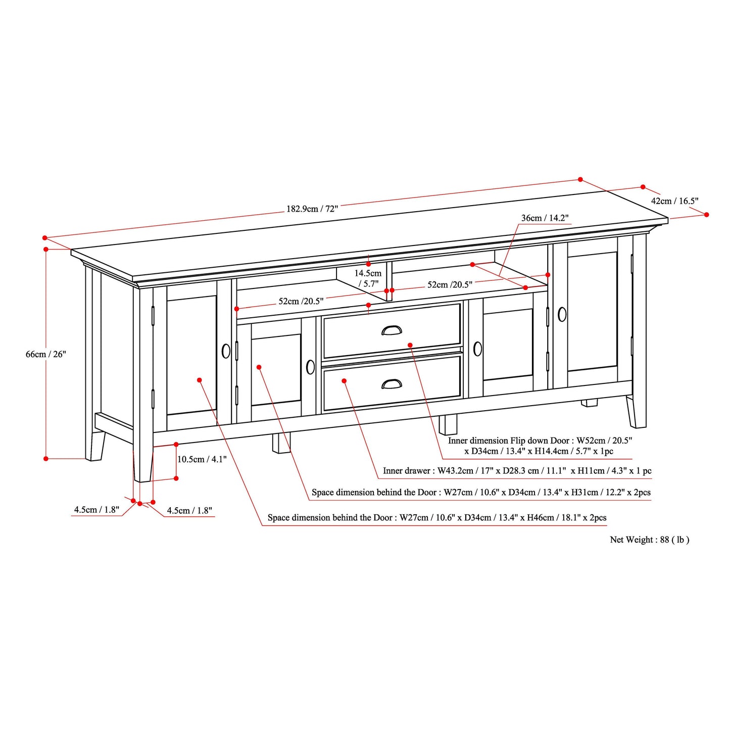 Redmond 72 Inch Wide Solid Wood TV Stand in Distressed