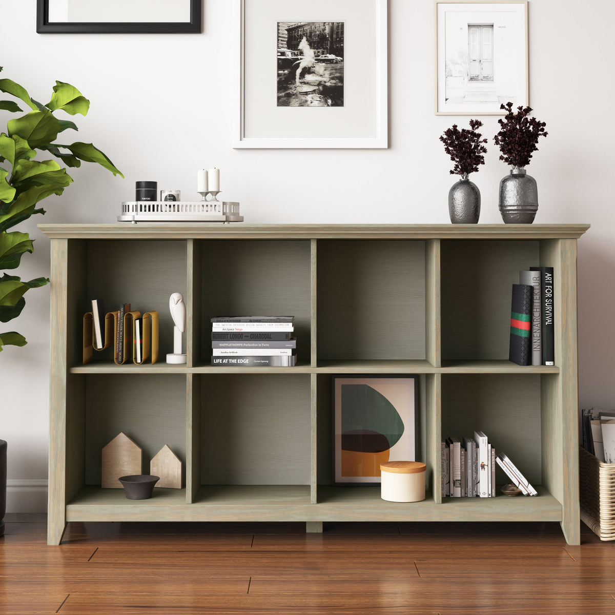 Acadian 57 Inch Wide Solid Wood 8 Cube Storage Sofa Table