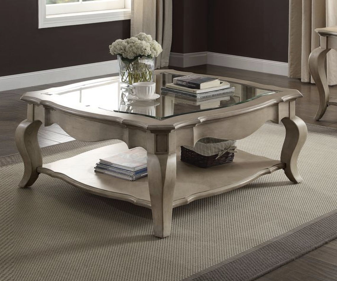 Chelmsford Clear Glass Coffee Table with Beveled Top and Shelf – Taupe